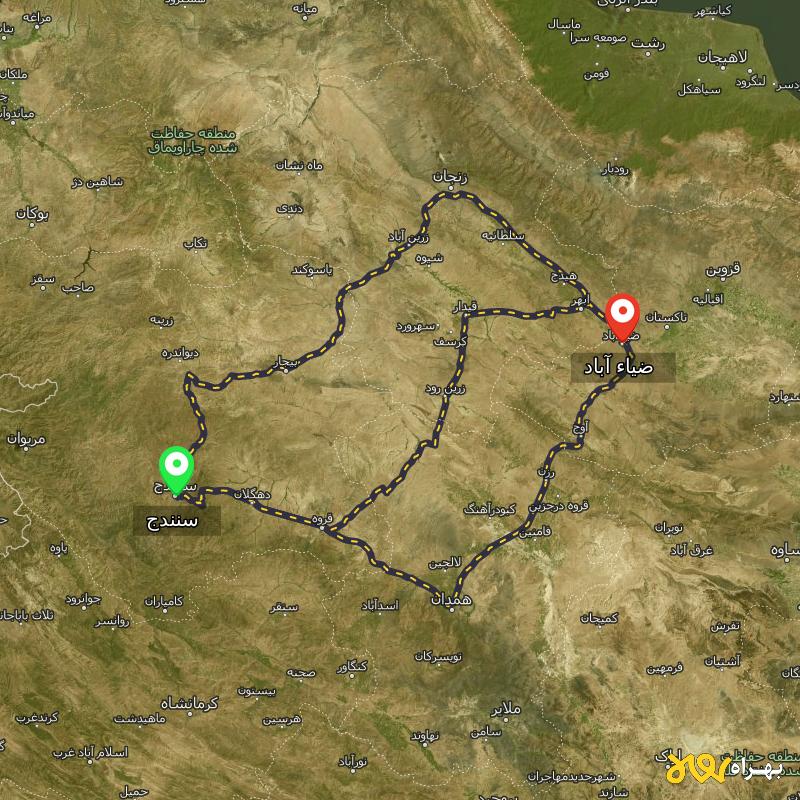 مسافت و فاصله ضیاء آباد - قزوین تا سنندج از ۳ مسیر - مرداد ۱۴۰۳