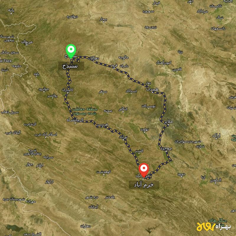 مسافت و فاصله خرم آباد تا سنندج از ۲ مسیر - اردیبهشت ۱۴۰۳