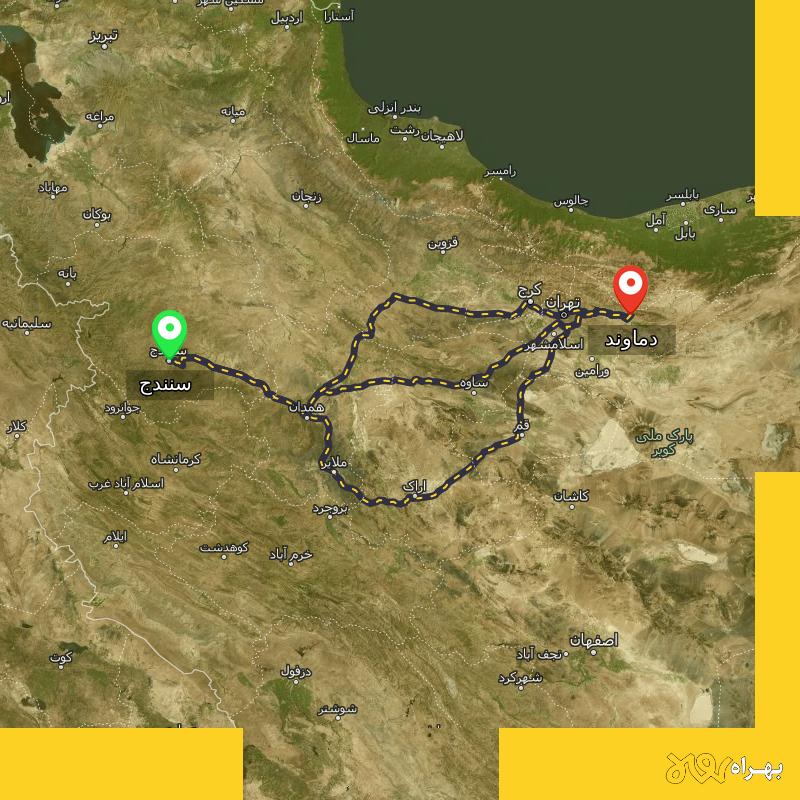 مسافت و فاصله دماوند - تهران تا سنندج از ۳ مسیر - بهمن ۱۴۰۳