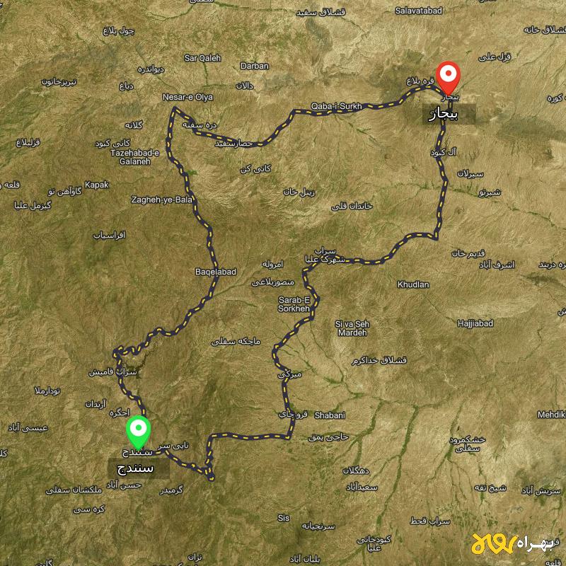 مسافت و فاصله بیجار - کردستان تا سنندج از 2 مسیر - مسیریاب بهراه