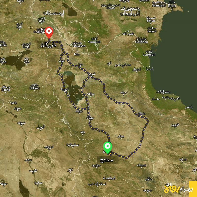 مسافت و فاصله بازرگان - آذربایجان غربی تا سنندج از ۳ مسیر - آذر ۱۴۰۳