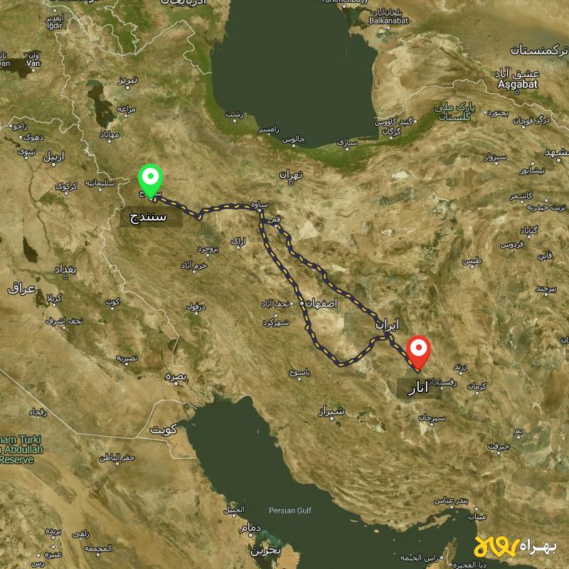 مسافت و فاصله انار - کرمان تا سنندج از ۲ مسیر - آذر ۱۴۰۳