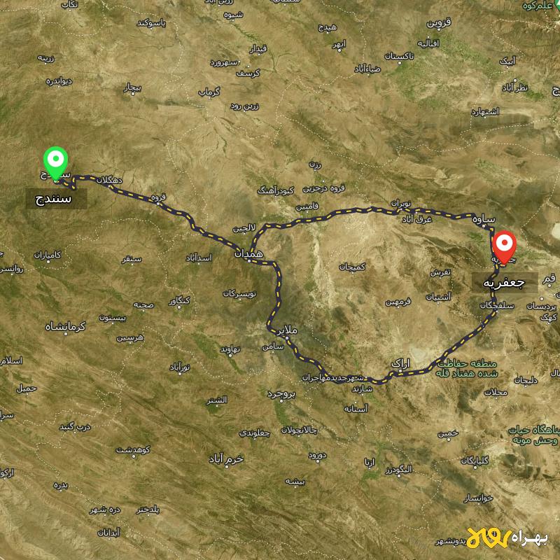 مسافت و فاصله جعفریه - قم تا سنندج از ۲ مسیر - آبان ۱۴۰۳