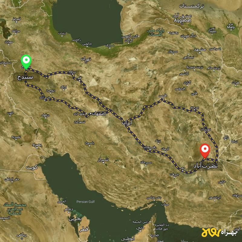 مسافت و فاصله نصرتآباد - سیستان و بلوچستان تا سنندج از ۳ مسیر - خرداد ۱۴۰۴