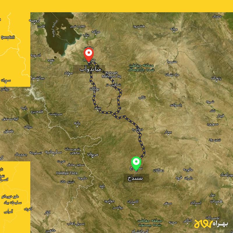 مسافت و فاصله میاندوآب - آذربایجان غربی تا سنندج از 2 مسیر - مسیریاب بهراه