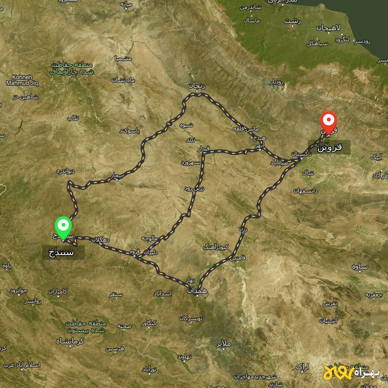 مسافت و فاصله قزوین تا سنندج از ۳ مسیر - اردیبهشت ۱۴۰۳