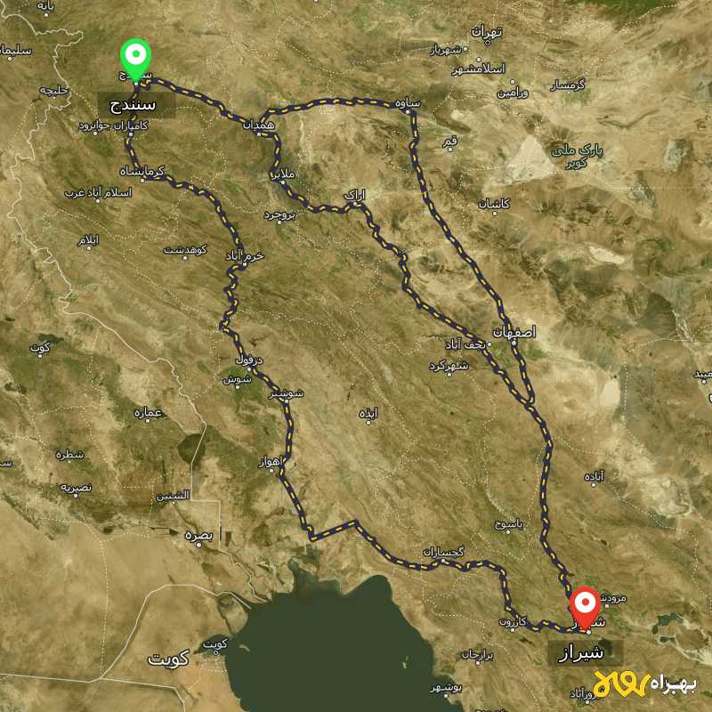 مسافت و فاصله شیراز تا سنندج از 3 مسیر - مسیریاب بهراه