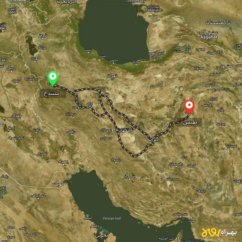 مسافت و فاصله طبس - خراسان جنوبی تا سنندج از ۳ مسیر - آذر ۱۴۰۳
