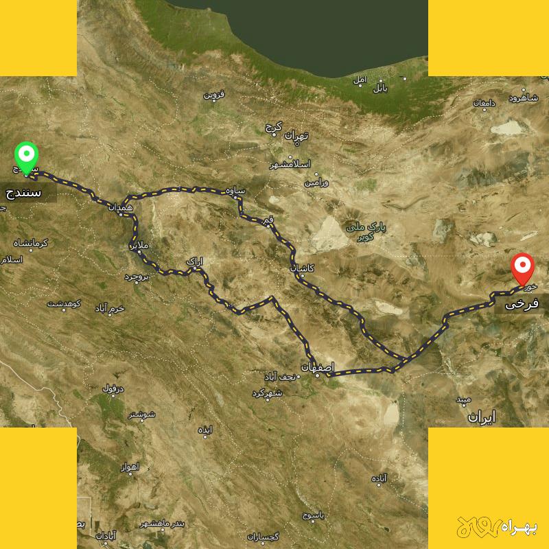 مسافت و فاصله فرخی - اصفهان تا سنندج از ۲ مسیر - آذر ۱۴۰۳