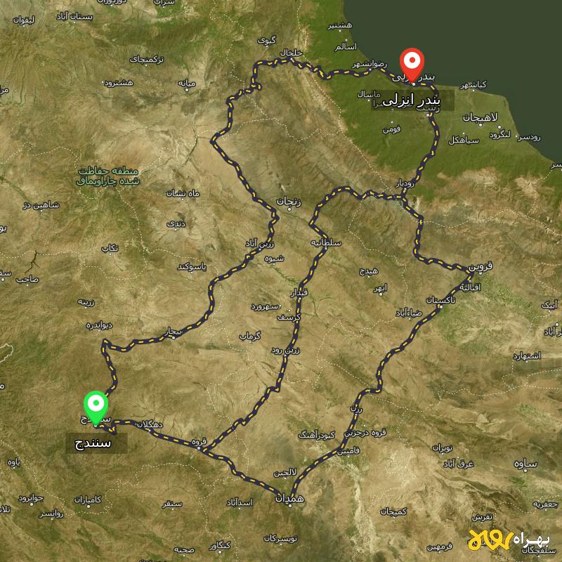 مسافت و فاصله بندر انزلی تا سنندج از ۳ مسیر - مرداد ۱۴۰۳