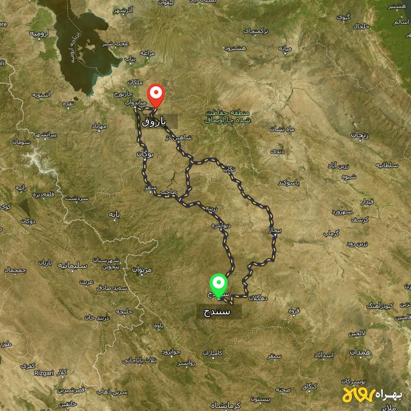 مسافت و فاصله باروق - آذربایجان غربی تا سنندج از ۳ مسیر - آذر ۱۴۰۳