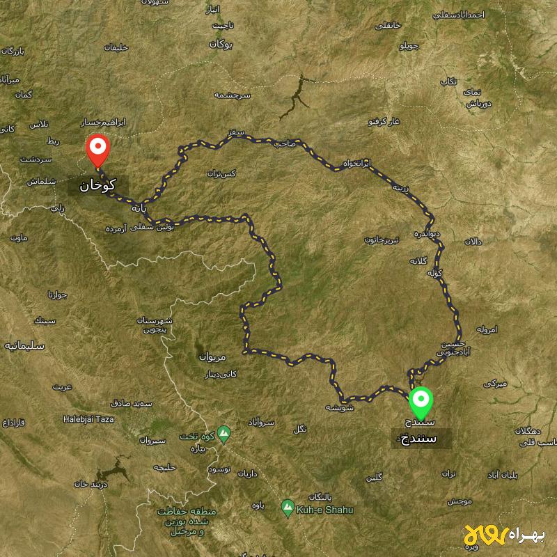 مسافت و فاصله کوخان - کردستان تا سنندج از ۲ مسیر - مرداد ۱۴۰۳