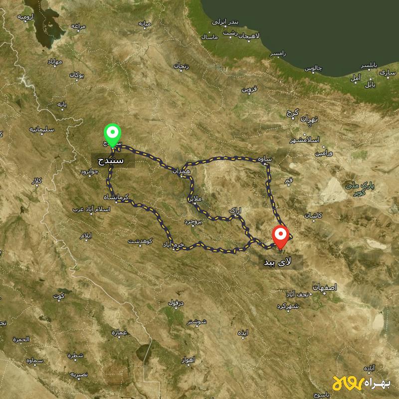 مسافت و فاصله لای بید - اصفهان تا سنندج از ۳ مسیر - مرداد ۱۴۰۳