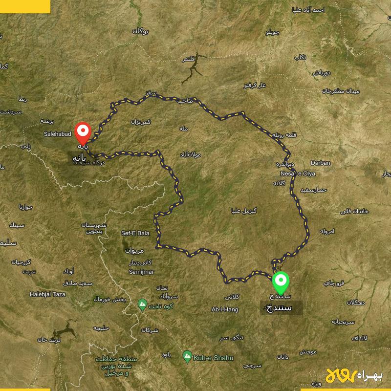 مسافت و فاصله بانه - کردستان تا سنندج از 2 مسیر - مسیریاب بهراه