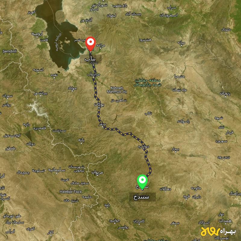 مسافت و فاصله بناب - آذربایجان شرقی تا سنندج - آذر ۱۴۰۳