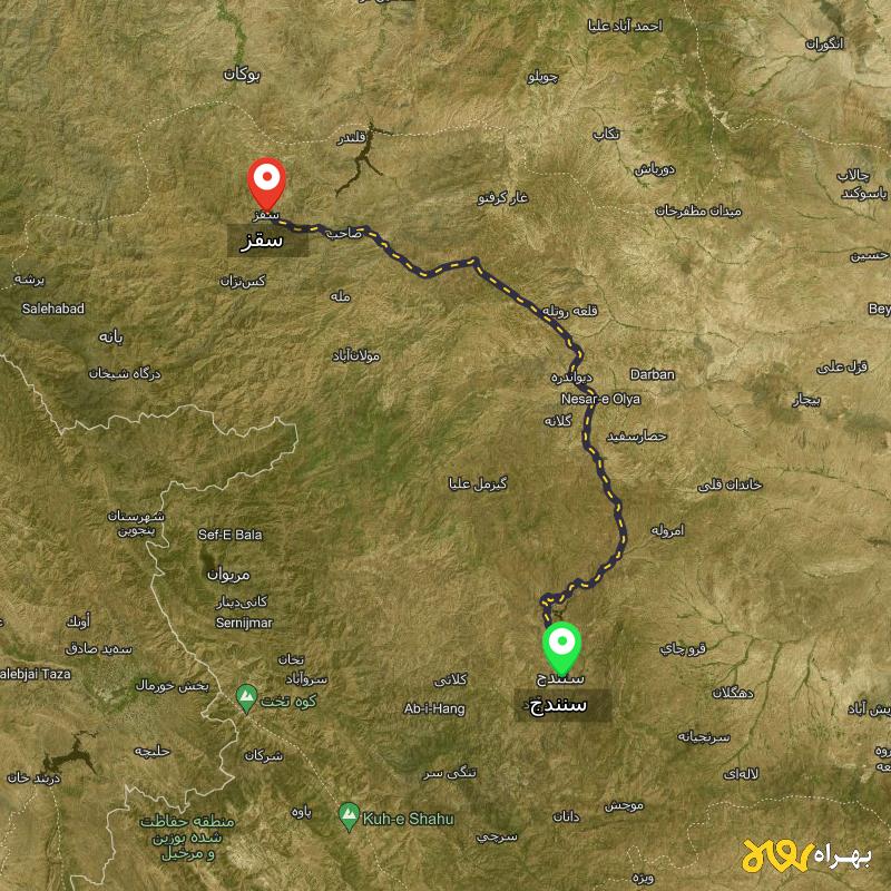 مسافت و فاصله سقز - کردستان تا سنندج - مرداد ۱۴۰۳
