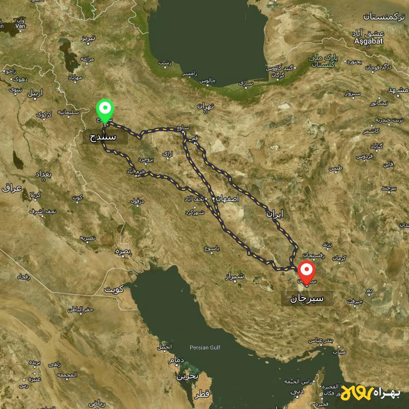 مسافت و فاصله سیرجان تا سنندج از ۳ مسیر - آذر ۱۴۰۳