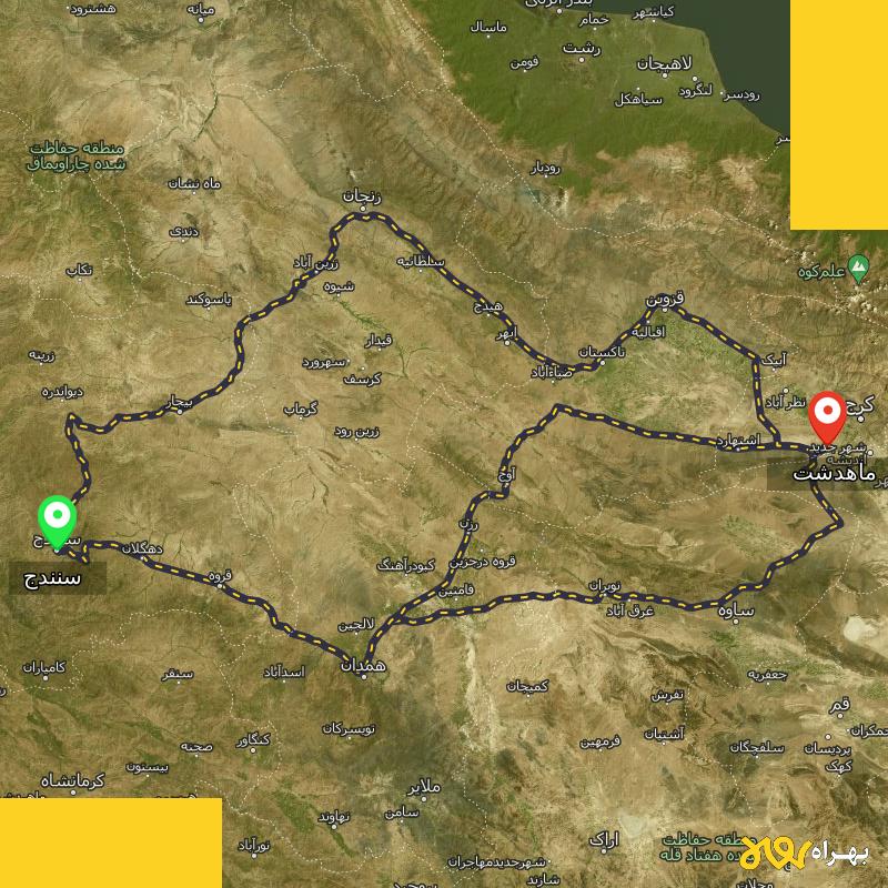 مسافت و فاصله ماهدشت - البرز تا سنندج از ۳ مسیر - مرداد ۱۴۰۳
