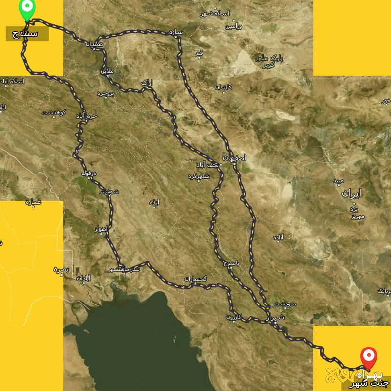 مسافت و فاصله جنت شهر - فارس تا سنندج از ۳ مسیر - دی ۱۴۰۳