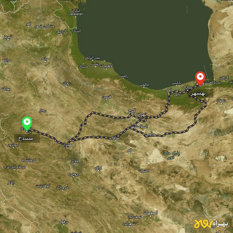 مسافت و فاصله بهشهر - مازندران تا سنندج از ۳ مسیر - دی ۱۴۰۳