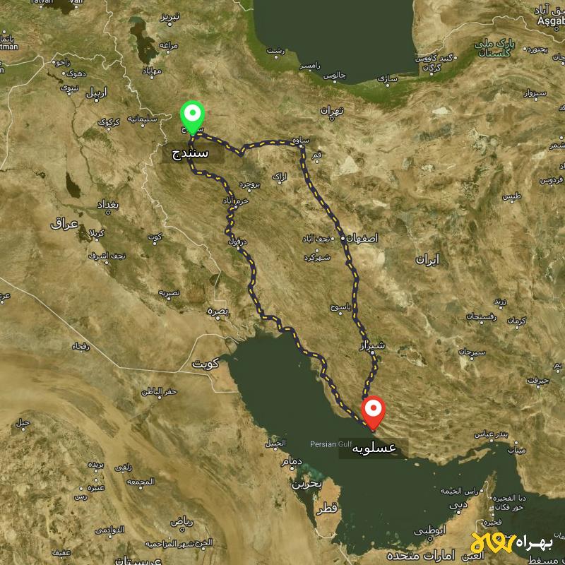مسافت و فاصله عسلویه - بوشهر تا سنندج از 2 مسیر - مسیریاب بهراه