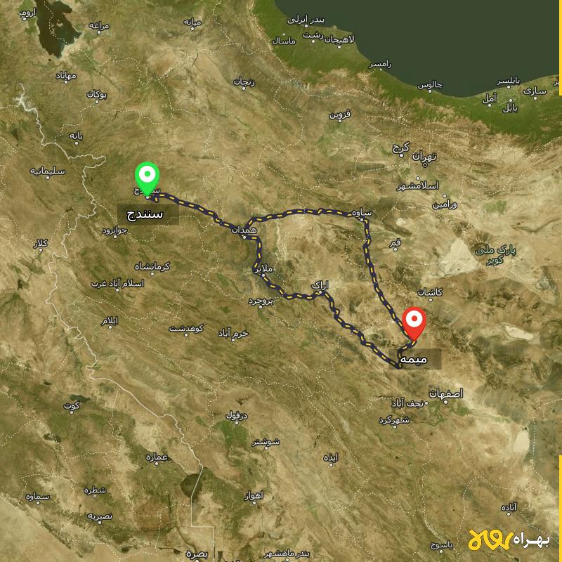مسافت و فاصله میمه - اصفهان تا سنندج از ۲ مسیر - آذر ۱۴۰۳