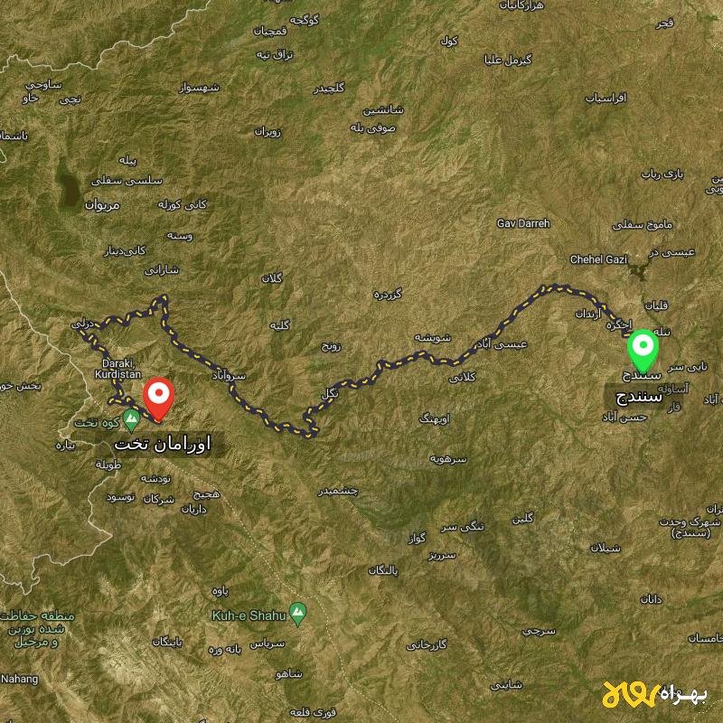 مسافت و فاصله اورامان تخت - کردستان تا سنندج - آذر ۱۴۰۳