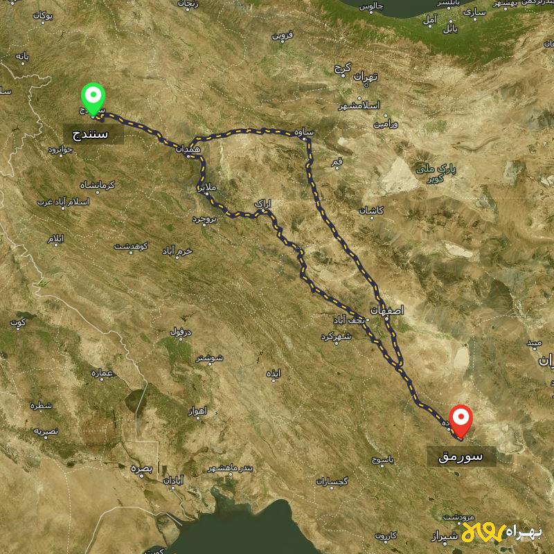 مسافت و فاصله سورمق - فارس تا سنندج از ۲ مسیر - مرداد ۱۴۰۳