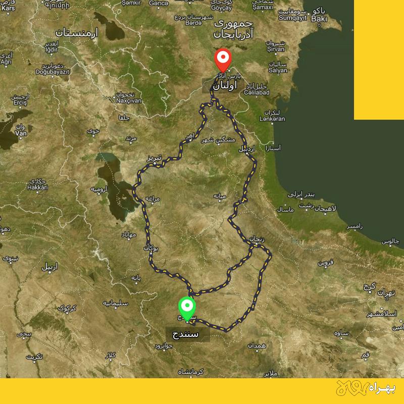 مسافت و فاصله اولتان - اردبیل تا سنندج از ۳ مسیر - مهر ۱۴۰۳