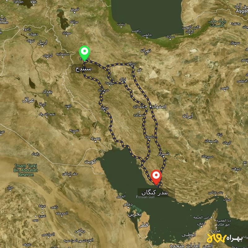 مسافت و فاصله بندر کنگان - بوشهر تا سنندج از ۳ مسیر - بهمن ۱۴۰۳