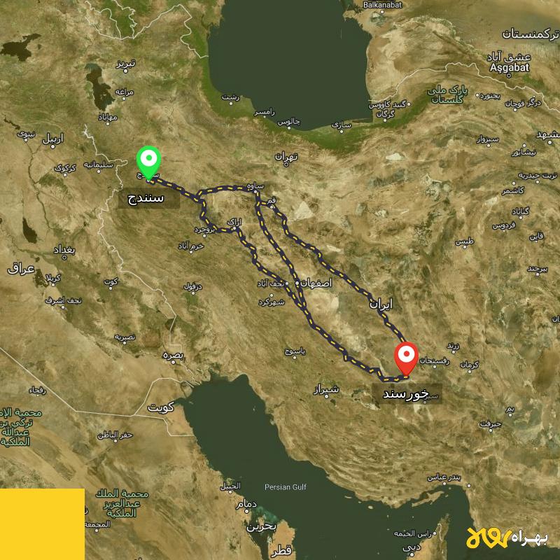مسافت و فاصله خورسند - کرمان تا سنندج از ۳ مسیر - شهریور ۱۴۰۳