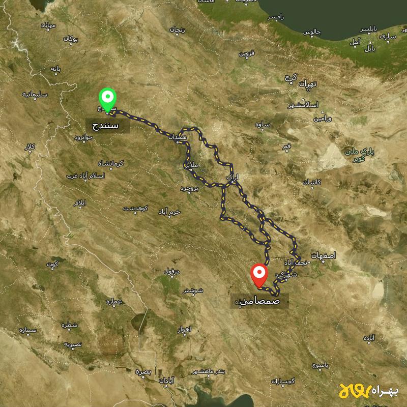 مسافت و فاصله صمصامی - چهارمحال و بختیاری تا سنندج از ۳ مسیر - دی ۱۴۰۳