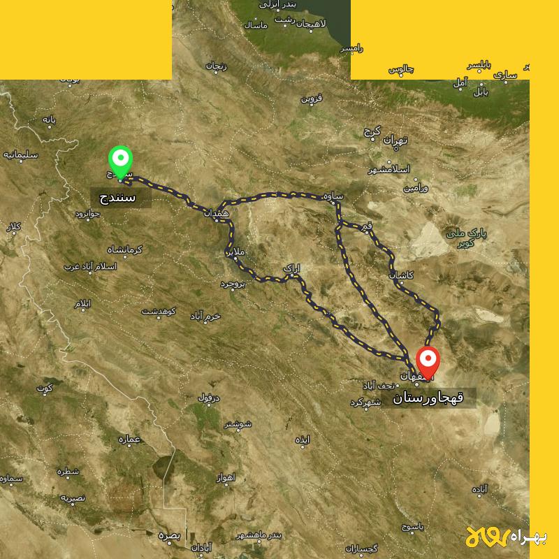 مسافت و فاصله قهجاورستان - اصفهان تا سنندج از ۳ مسیر - شهریور ۱۴۰۳