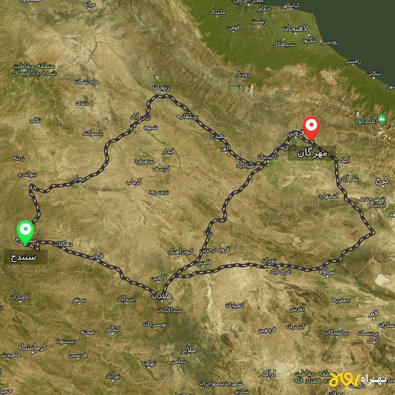 مسافت و فاصله مهرگان - قزوین تا سنندج از ۳ مسیر - آذر ۱۴۰۳