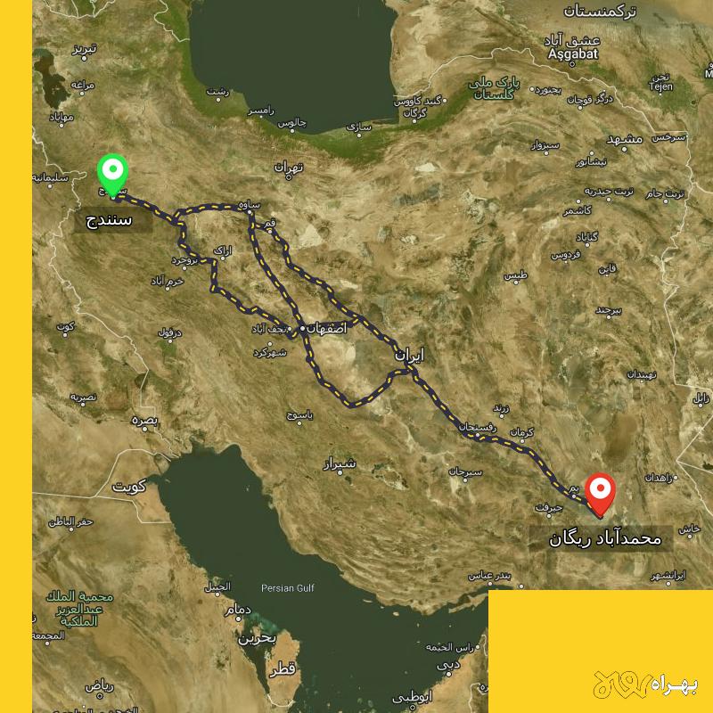 مسافت و فاصله محمدآباد ریگان - کرمان تا سنندج از ۳ مسیر - خرداد ۱۴۰۴