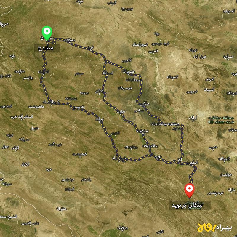 مسافت و فاصله تیتکان بزنوید - لرستان تا سنندج از ۳ مسیر - شهریور ۱۴۰۳