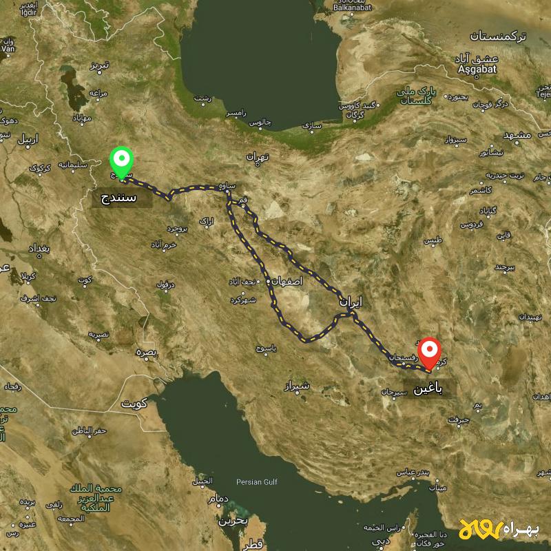 مسافت و فاصله باغین - کرمان تا سنندج از ۲ مسیر - آذر ۱۴۰۳