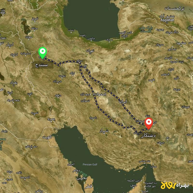 مسافت و فاصله دشتکار - کرمان تا سنندج از ۲ مسیر - مهر ۱۴۰۳