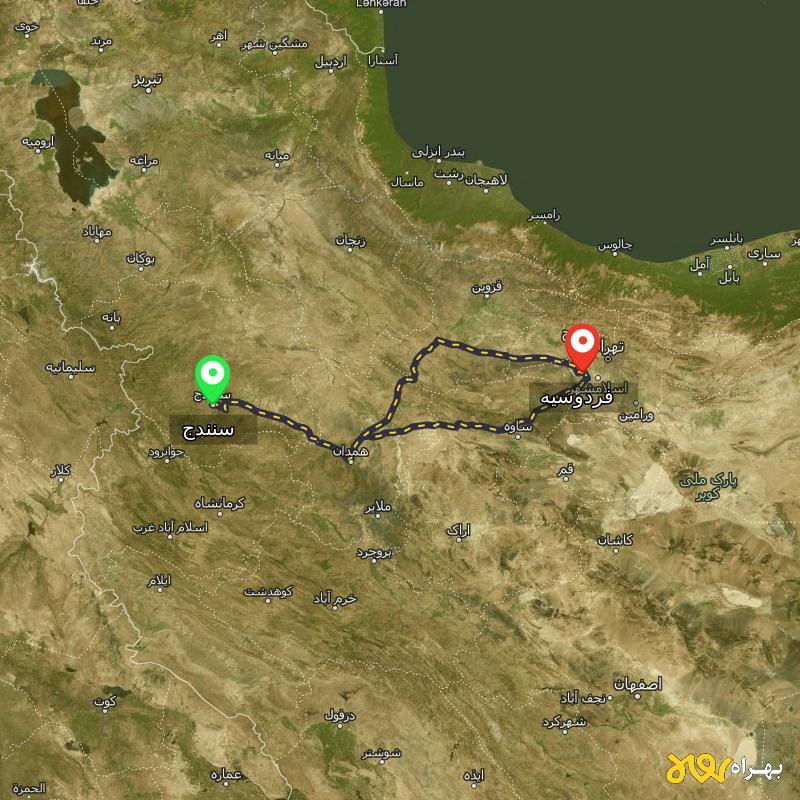 مسافت و فاصله فردوسیه - تهران تا سنندج از ۲ مسیر - مرداد ۱۴۰۳