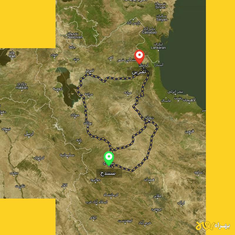 مسافت و فاصله ثمرین - اردبیل تا سنندج از ۳ مسیر - مرداد ۱۴۰۳