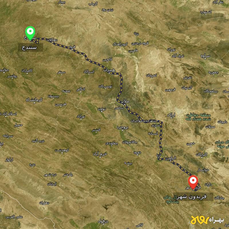 مسافت و فاصله فریدون شهر - اصفهان تا سنندج - آذر ۱۴۰۳