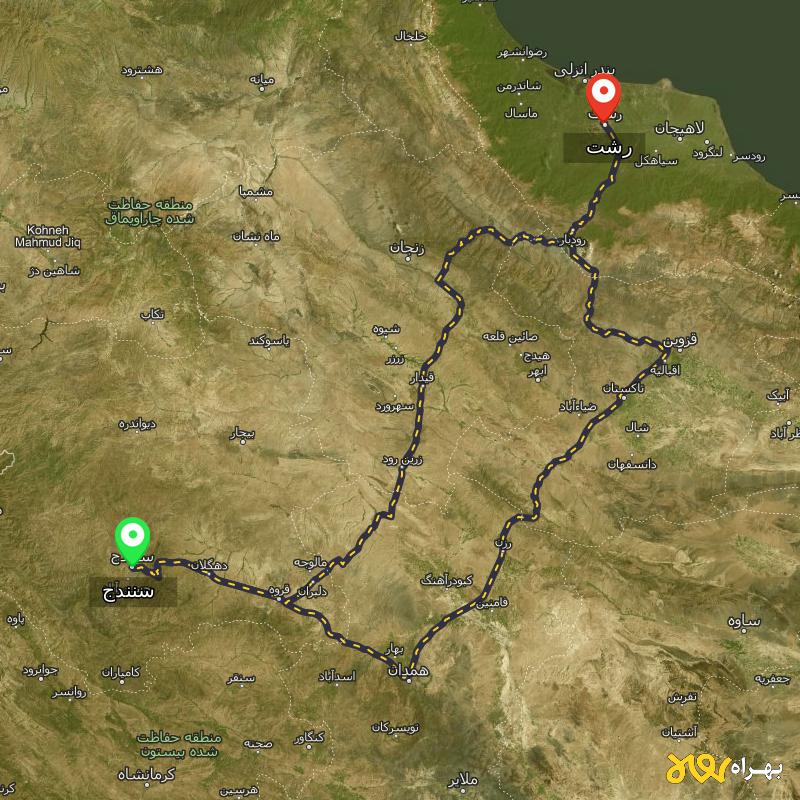 مسافت و فاصله رشت تا سنندج از ۲ مسیر - مرداد ۱۴۰۳
