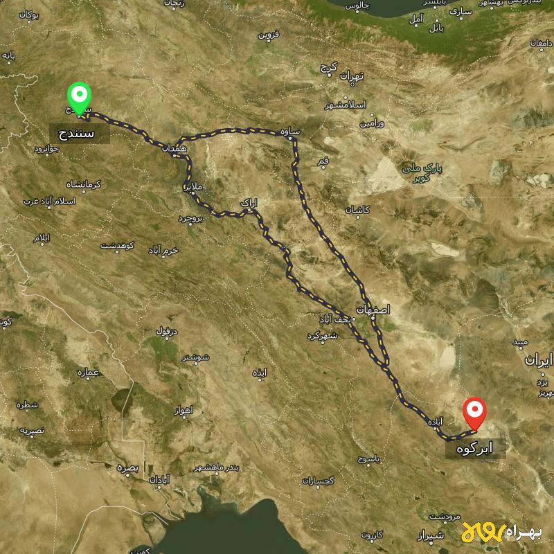 مسافت و فاصله ابرکوه - یزد تا سنندج از ۲ مسیر - مرداد ۱۴۰۳