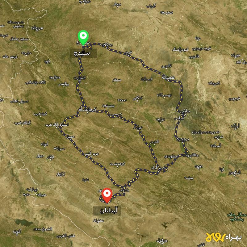 مسافت و فاصله آبدانان - ایلام تا سنندج از ۳ مسیر - دی ۱۴۰۳