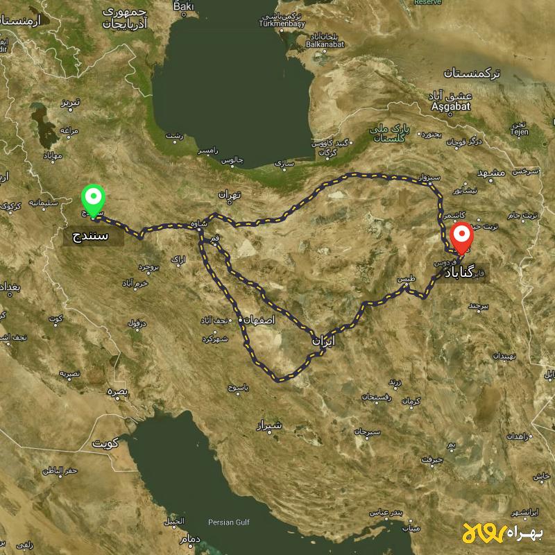 مسافت و فاصله گناباد - خراسان رضوی تا سنندج از ۳ مسیر - آذر ۱۴۰۳