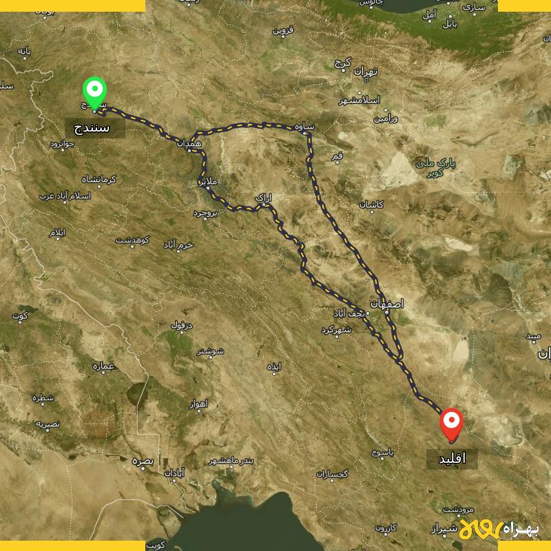 مسافت و فاصله اقلید - فارس تا سنندج از ۲ مسیر - دی ۱۴۰۳