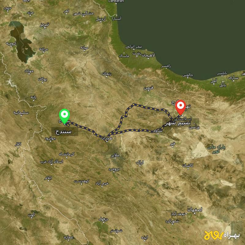 مسافت و فاصله نسیم شهر - تهران تا سنندج از ۲ مسیر - مرداد ۱۴۰۳