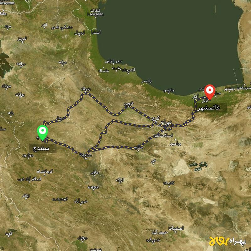 مسافت و فاصله قائمشهر تا سنندج از ۳ مسیر - دی ۱۴۰۳