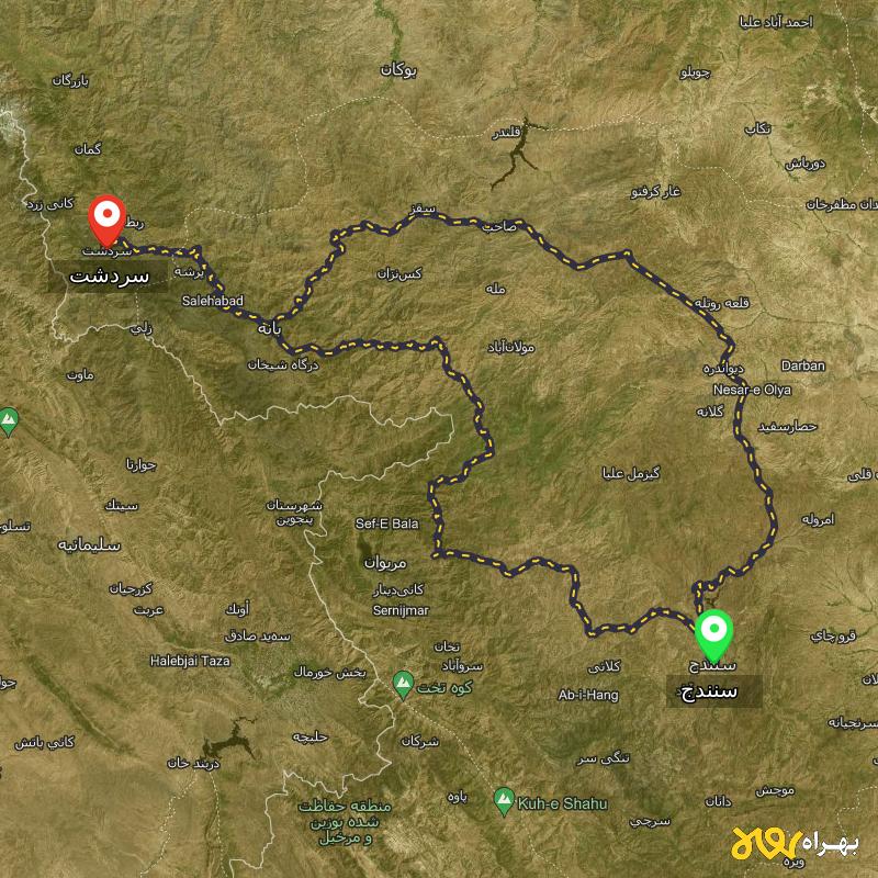 مسافت و فاصله سردشت - آذربایجان غربی تا سنندج از 2 مسیر - مسیریاب بهراه