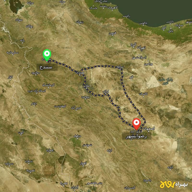 مسافت و فاصله رضوانشهر - اصفهان تا سنندج از ۲ مسیر - آبان ۱۴۰۳